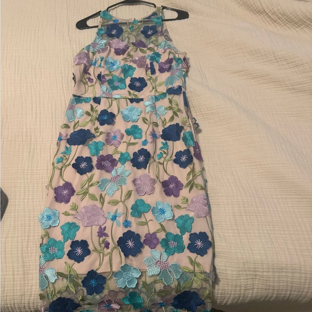 Adrianna Papell Nude Dress with Blue & Purple Floral Embroidery - Picture 5 of 5